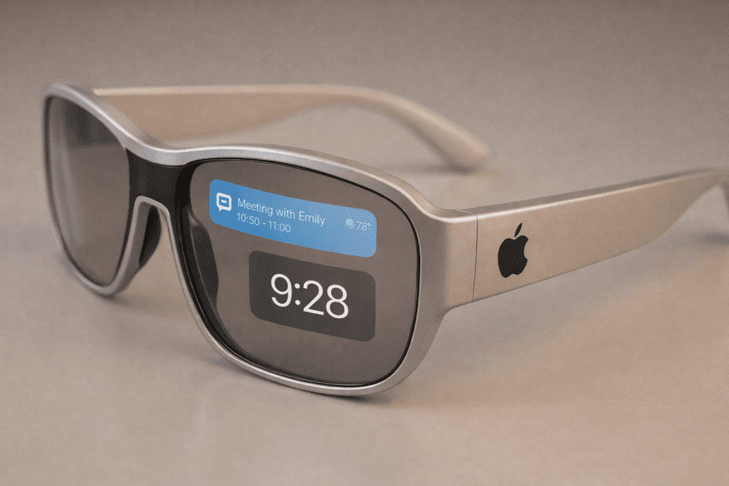 Apple smart glasses with AR display shown from angled side view