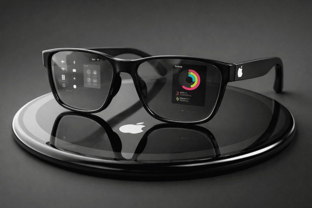 Apple smart glasses on glossy black platform with angled front view