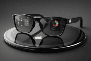 Apple smart glasses on glossy black platform with angled front view
