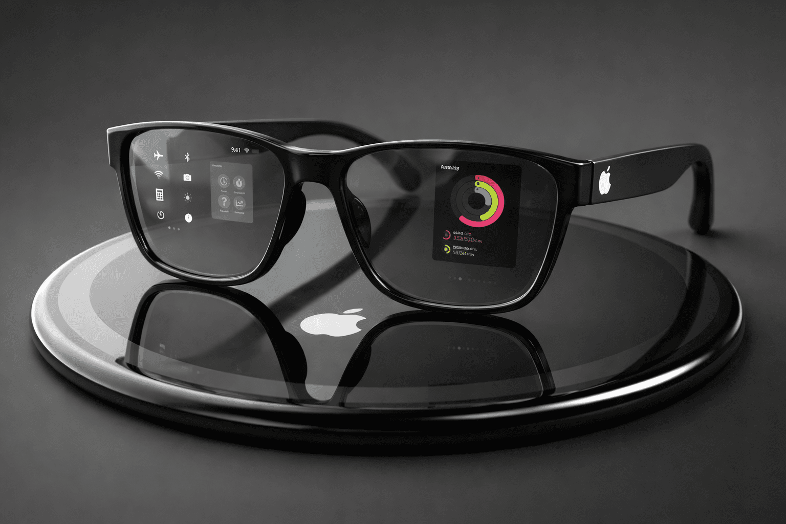 Apple smart glasses on glossy black platform with angled front view
