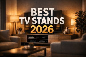 Best TV stands 2026 thumbnail showing a modern living room with a wooden entertainment unit, large television, warm lighting, and centered headline text