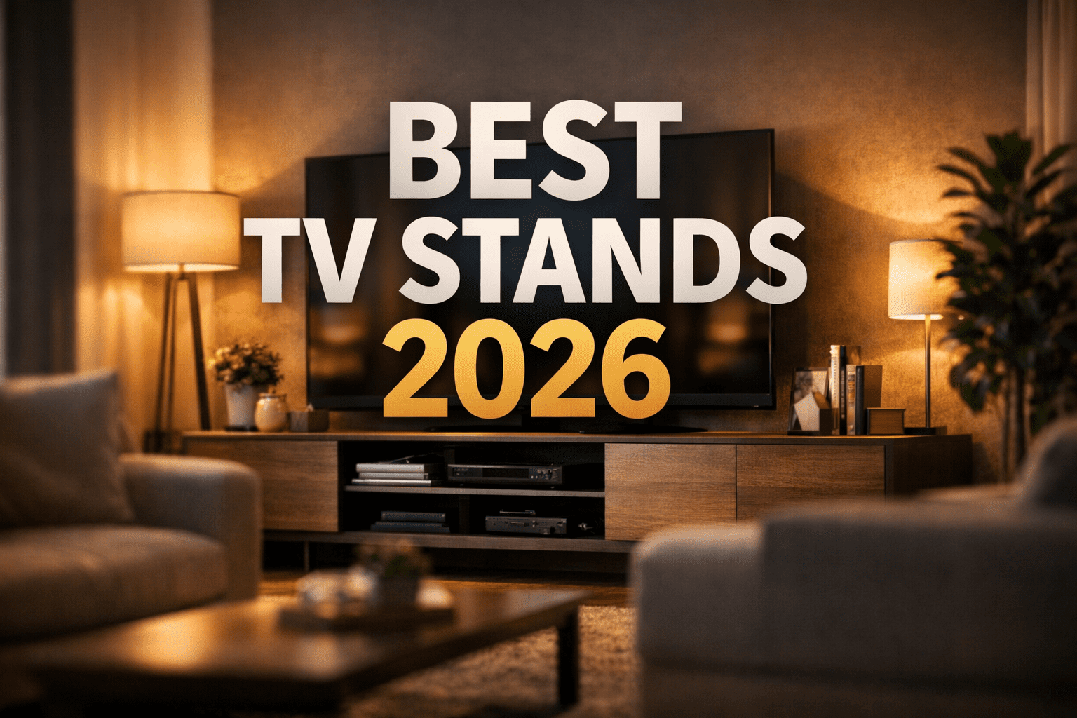 Best TV stands 2026 thumbnail showing a modern living room with a wooden entertainment unit, large television, warm lighting, and centered headline text