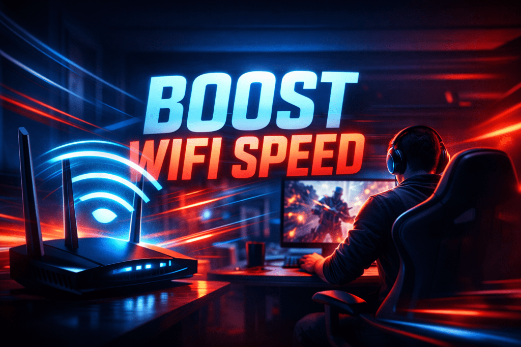 improve Wi-Fi speed for gaming and streaming thumbnail with router and gaming setup
