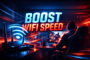 improve Wi-Fi speed for gaming and streaming thumbnail with router and gaming setup