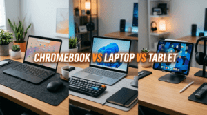 Chromebook vs Laptop vs Tablet comparison on a modern desk setup