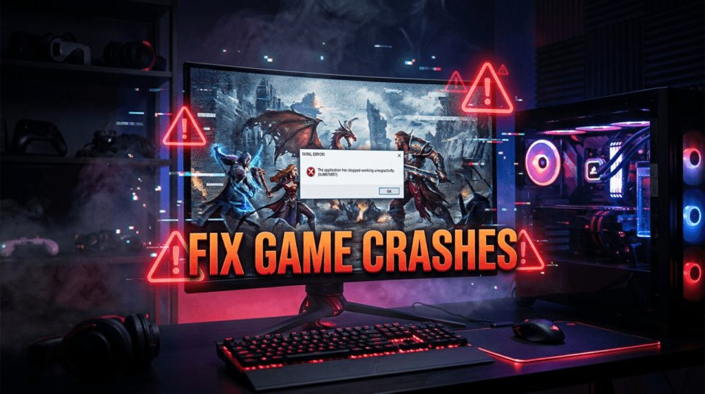 Thumbnail showing a crashed PC game screen with big Fix Game Crashes text in the center.