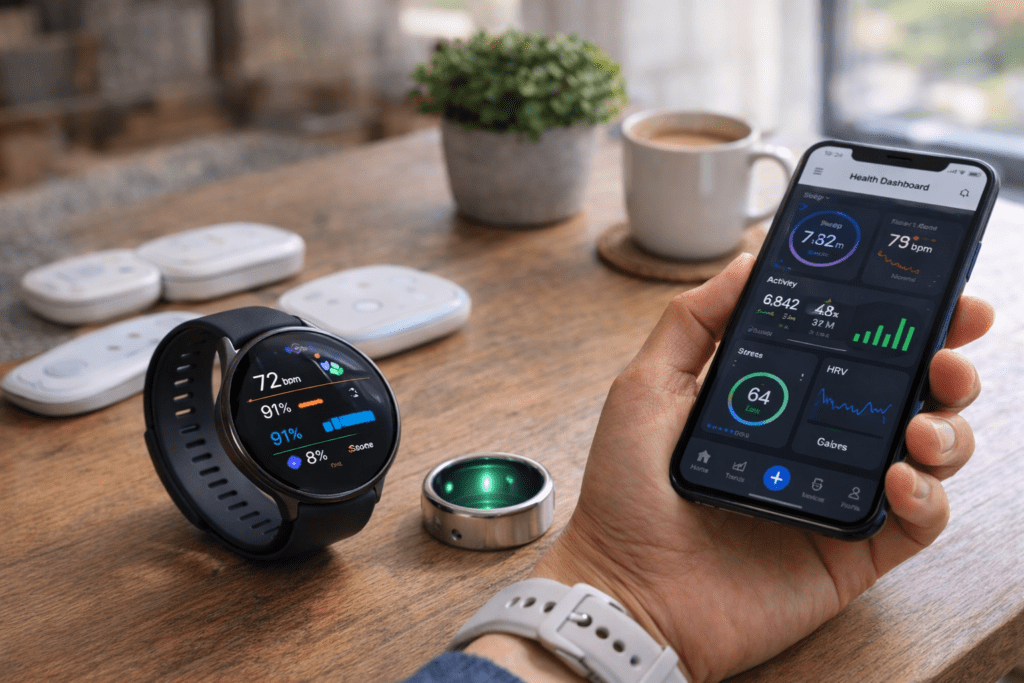 Smartwatch, smart ring, and smartphone health app displaying fitness and wellness data on a wooden desk in 2026