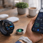 Smartwatch, smart ring, and smartphone health app displaying fitness and wellness data on a wooden desk in 2026