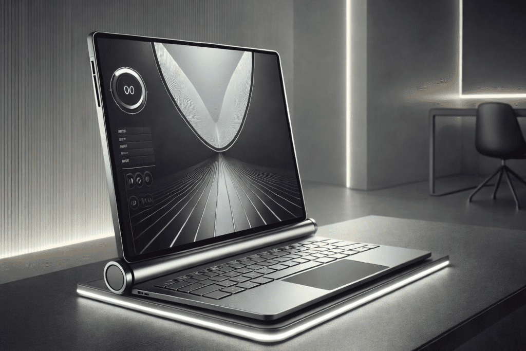 future gadgets 2026 rollable laptop with expandable display in modern workspace