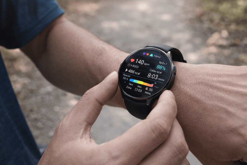 Person checking smartwatch health data while jogging outdoors in 2026