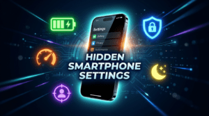 Hidden smartphone settings thumbnail with glowing smartphone and big centered title text.