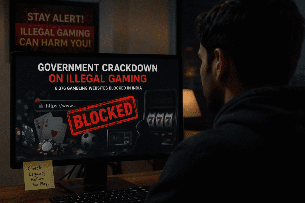 illegal gaming platforms India warning shown on computer screen during government crackdown