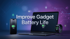 Illustration of smartphone, laptop, and smartwatch with battery icons, representing tips to improve gadget battery life