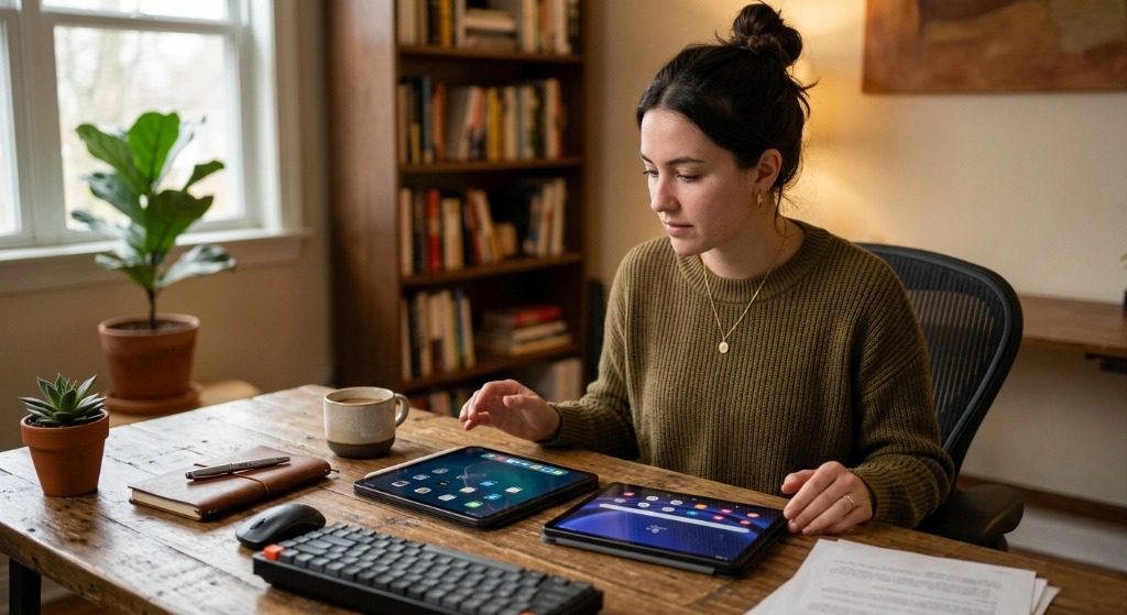 person choosing between iPad and Android tablet