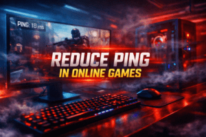 Thumbnail for Reduce Ping in Online Games showing a competitive gaming setup with large centered title over a dark futuristic background and visible online latency theme.