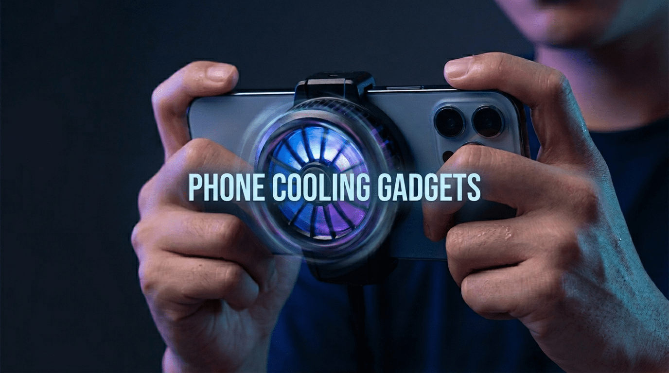 Minimalist thumbnail showing a smartphone with RGB cooling fan attached and big center text Phone Cooling Gadgets.