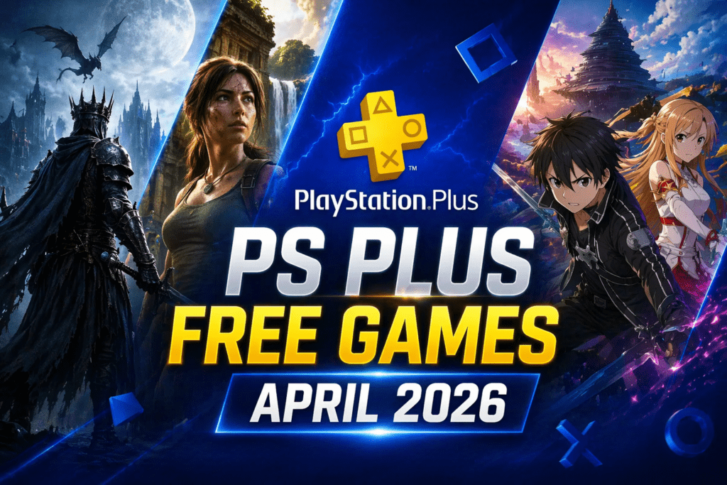 PlayStation Plus April 2026 free games banner with centered title and gaming characters