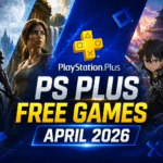 PlayStation Plus April 2026 free games banner with centered title and gaming characters