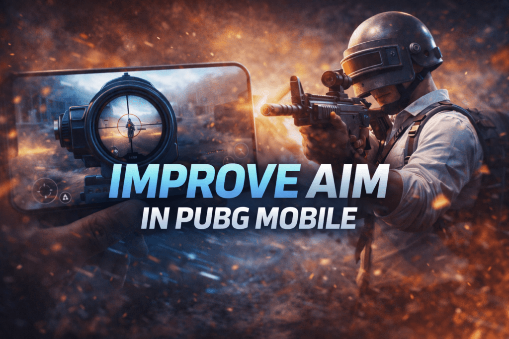 Thumbnail for Improve Aim in PUBG showing a player aiming in a battleground scene with large centered title blended into the smoky action background.