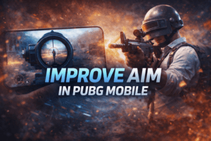 Thumbnail for Improve Aim in PUBG showing a player aiming in a battleground scene with large centered title blended into the smoky action background.
