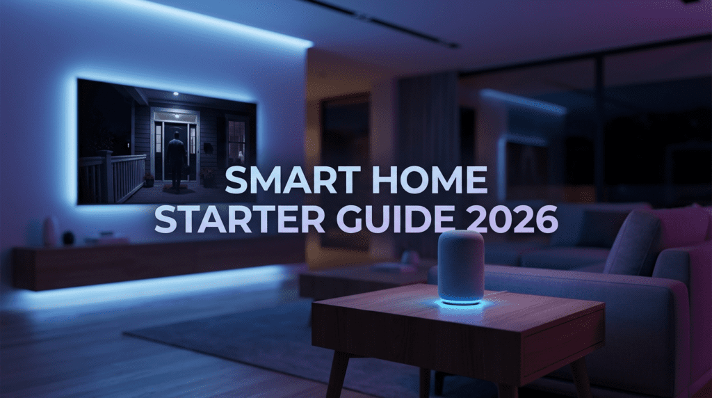 Smart Home Starter Guide 2026 thumbnail showing smart lights, speaker and security devices in a modern connected home interior