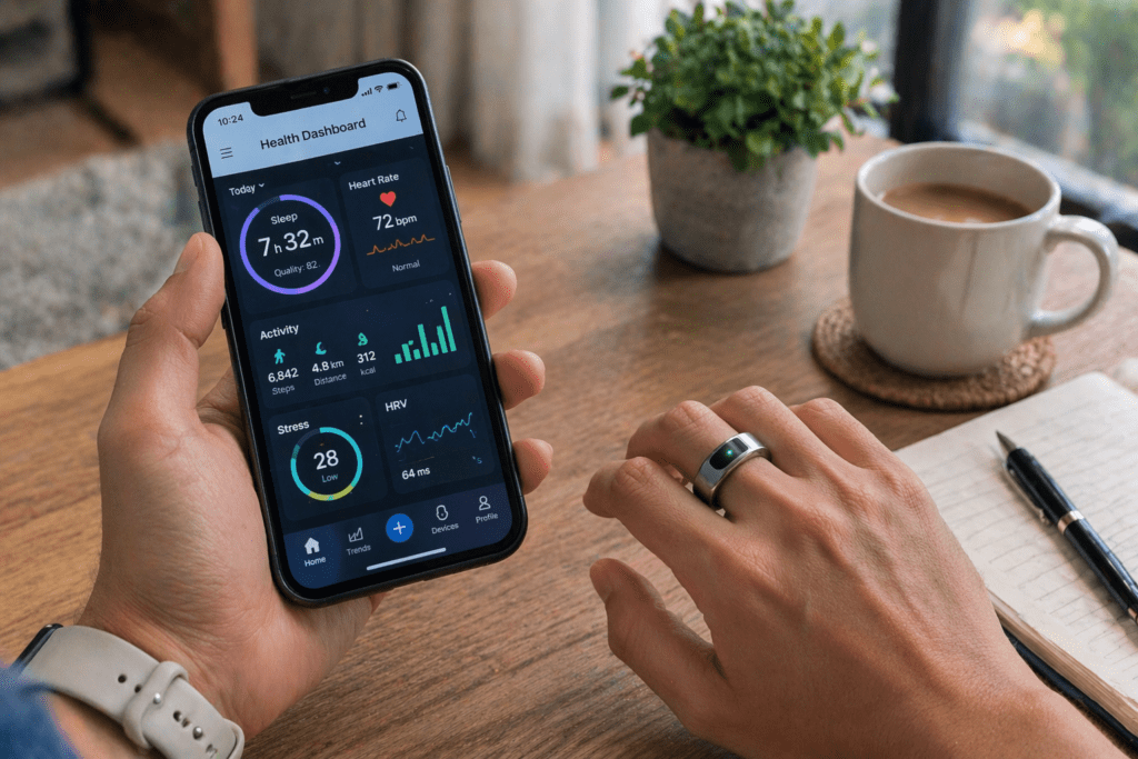 Smart ring and smartphone health app showing sleep, activity, and recovery data