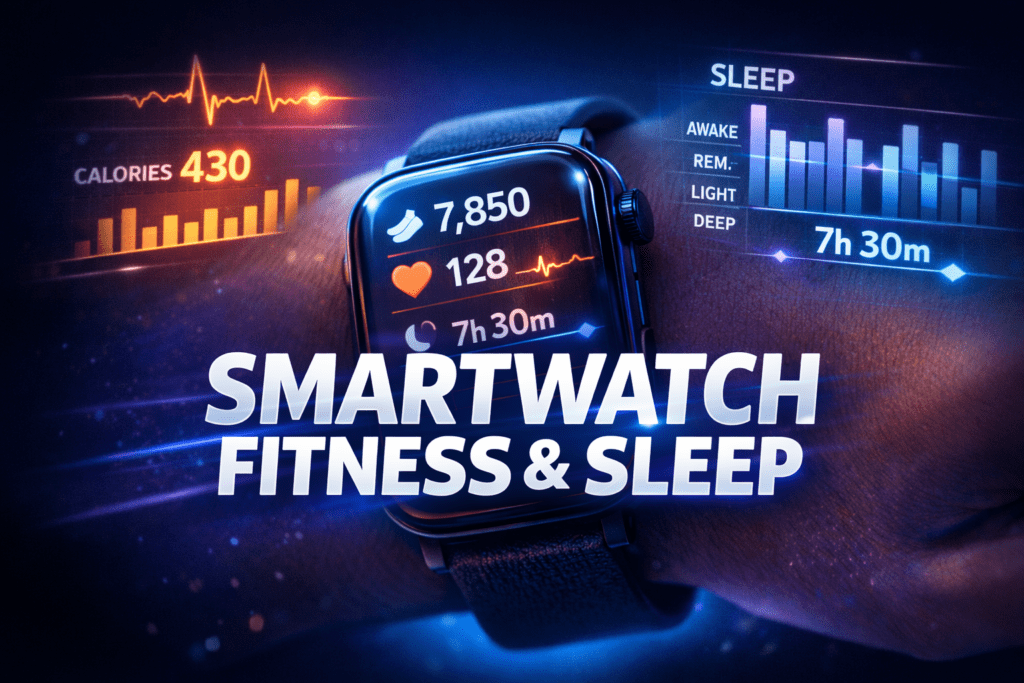 smartwatch fitness and sleep tracking thumbnail showing health stats and sleep data
