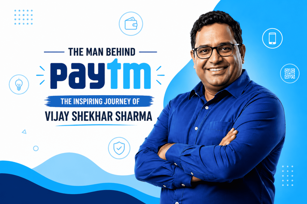 Paytm founder success story thumbnail with businessman and centered title “The Man Behind Paytm” on a clean blue background