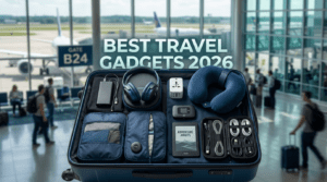 Best travel gadgets 2026 with suitcase and travel accessories arranged neatly