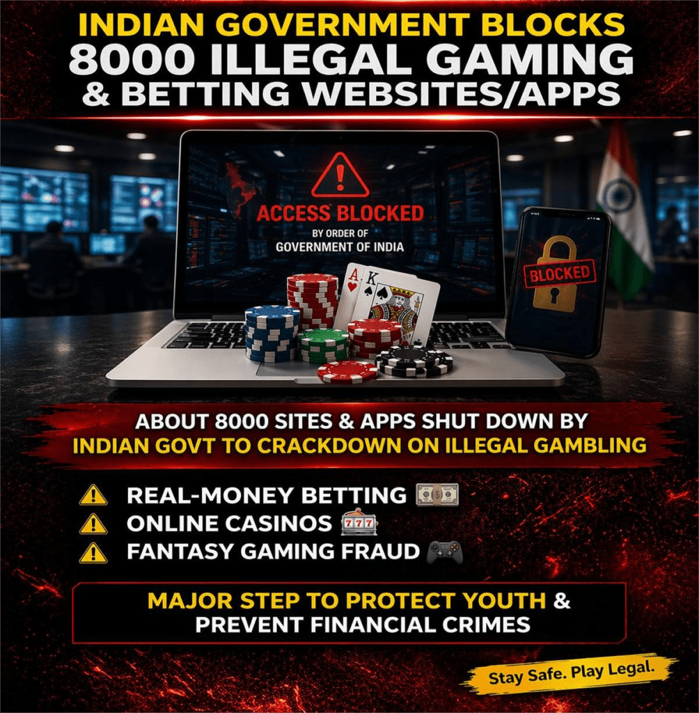 Indian government blocks 8000 illegal gaming sites with access blocked warning on laptop screen
