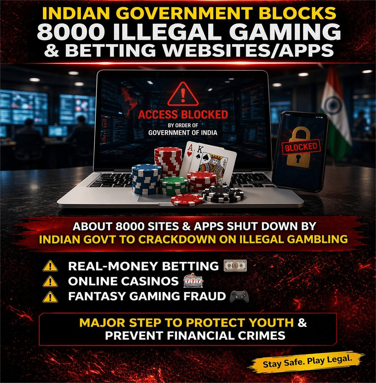 Indian government blocks 8000 illegal gaming sites with access blocked warning on laptop screen