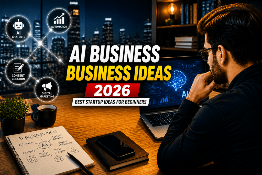 AI business ideas 2026 for beginners with automation, chatbots, and digital marketing concepts in a modern office setup