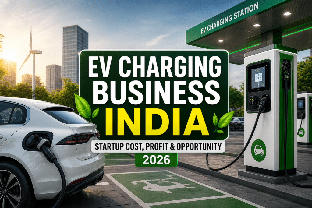 Ev Charging Business India thumbnail showing electric car charging at modern EV station with urban background