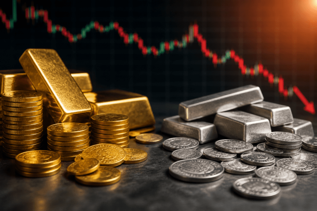 Gold and silver prices today India showing gold bars, silver coins and a falling market chart in the background.