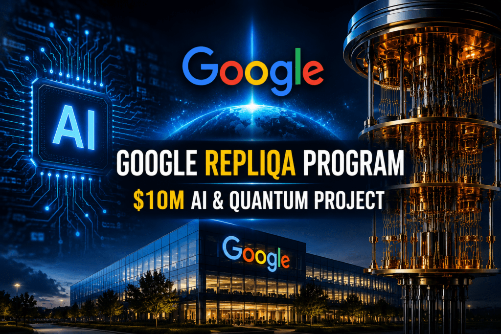 Google Repliqa Program banner showcasing a $10M AI and Quantum project with a futuristic quantum computer and the Google office building.