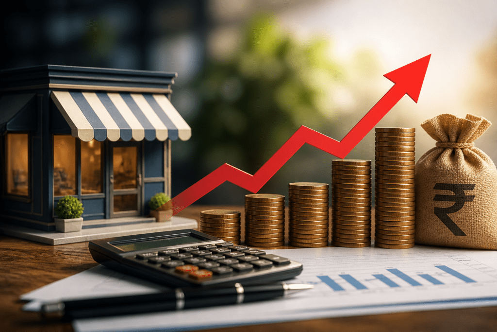 Business loan rates rising in India with small shop model, coins, calculator and upward interest rate arrow.