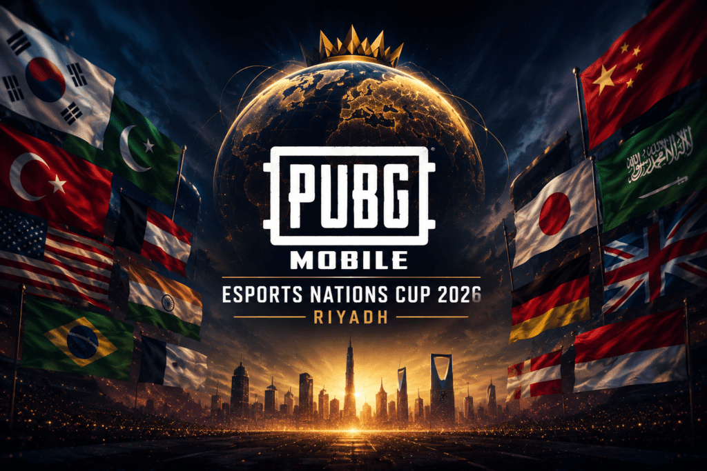 4K thumbnail of PUBG Mobile Esports Nations Cup 2026 with pro players on stage, bright arena lights, cheering crowd, and centered tournament title text.