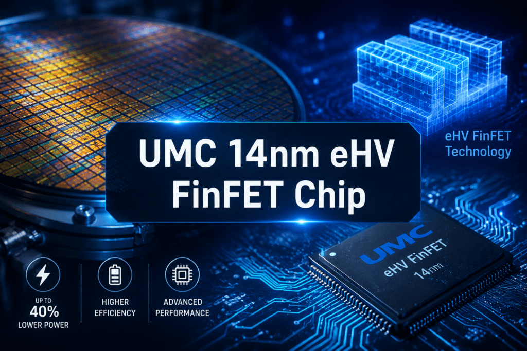 UMC 14nm eHV FinFET Chip technology banner featuring 40% lower power, higher efficiency, and advanced performance specifications.