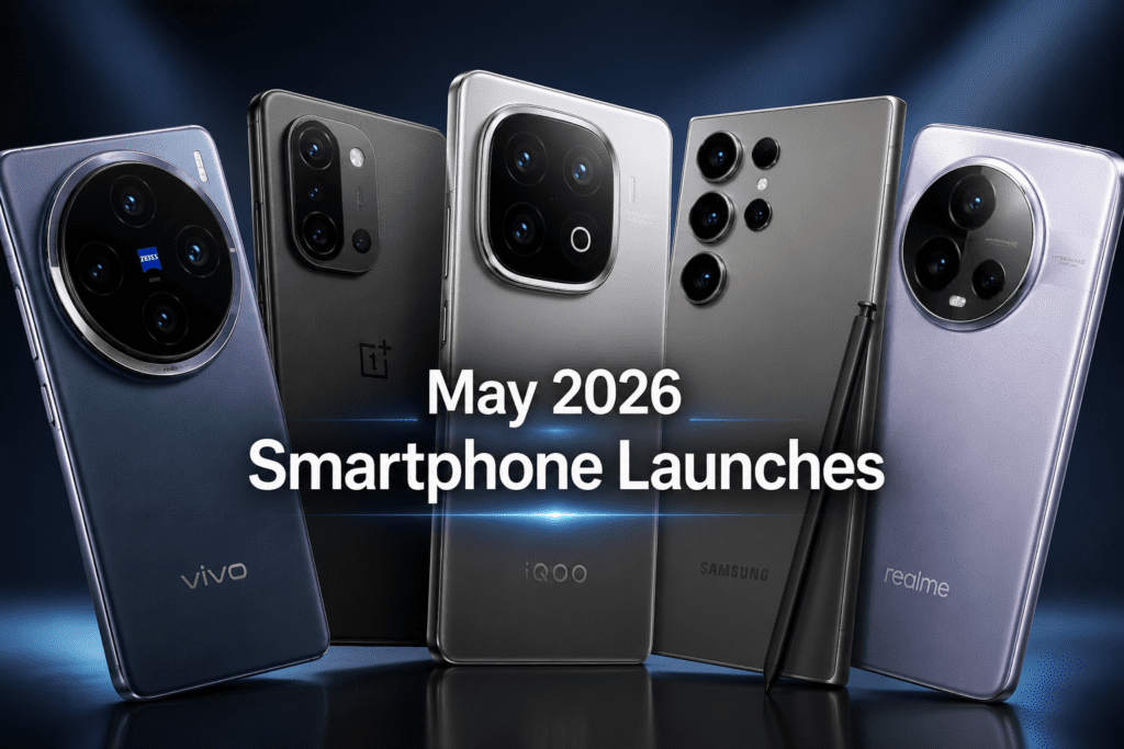 May 2026 smartphone launches promotional banner showing multiple upcoming flagship smartphones arranged in a studio-style setup with bold central text highlighting new mobile releases in India.